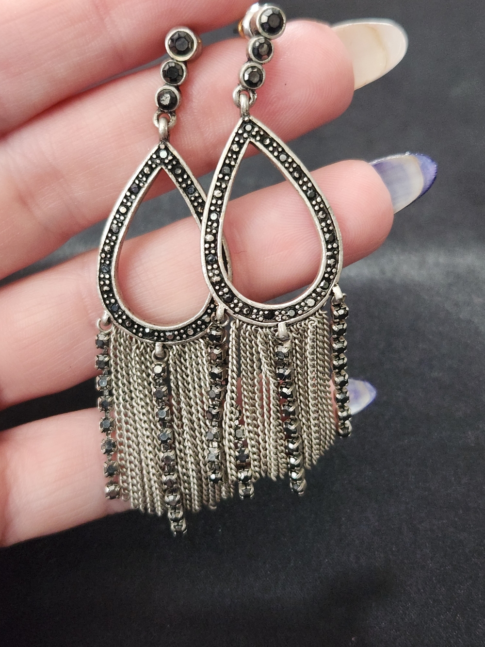 Marcasite Silver Teardrop Fringe Earrings with Silver Rhinestones